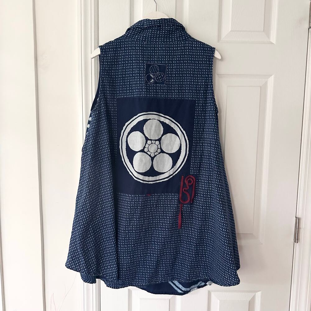 Mao Mom Thailand Artsy Abstract Lagenlook Blue Button Down Collared Swing Top OS - Picture 8 of 10